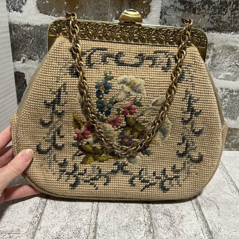 Vintage Needlepoint Purse with Brass Details
